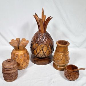 Vintage MCM Monkey Pod Wood Pineapple Hors d'oeuvre Tiki Bar Spears Spoons Set